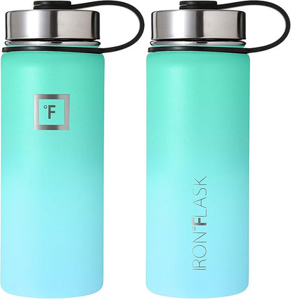 IRON °FLASK Camping & Hiking Hydration Flask, Wide Mouth, 3 Straw Lids, Stainless Steel Outdoor Water Bottle, Double Walled, Insulated Thermos, Metal Canteen - Sky, 18 Oz