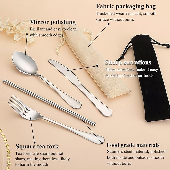 Kyraton Portable Flatware, Reusable Camping Flatware, Bento Box Flatware, Silverware For School/Work/Office/Outdoor, Dishwasher Safe, Set of 2 Packs