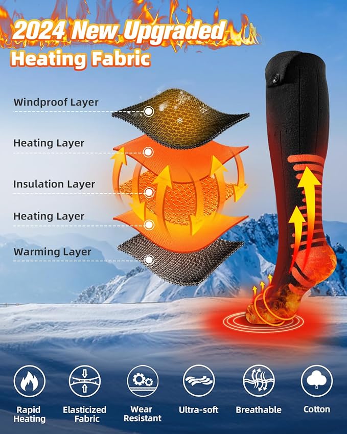 2 Pairs Heated Socks, Eventek 7.4V Rechargeable Heated Socks for Men Women, 360° Heating Electric Socks with 3 Heat Settings, Washable Electric Thermal Sock for Ski Hunting Hiking