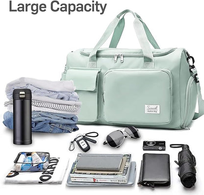 Travel Duffel Bag with Shoes Compartment Sports Gym Bag with Dry Wet Separated Pocket for Men and Women, Overnight Bag Weekender Bag Training Handbag Yoga Bag - Light Green