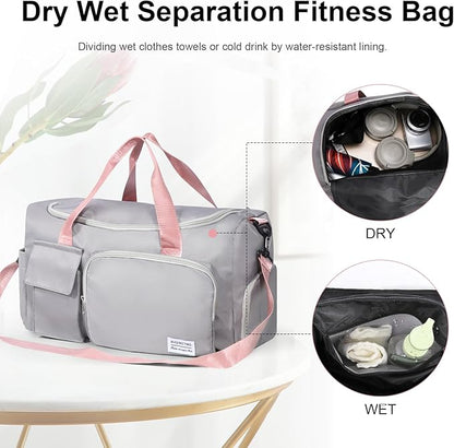 Duffel Bag for Gym Sports Workout Travel, Lightweight Waterproof Tote Bag with Shoes Compartment Wet Pocket for Women Grey with Pink Handles