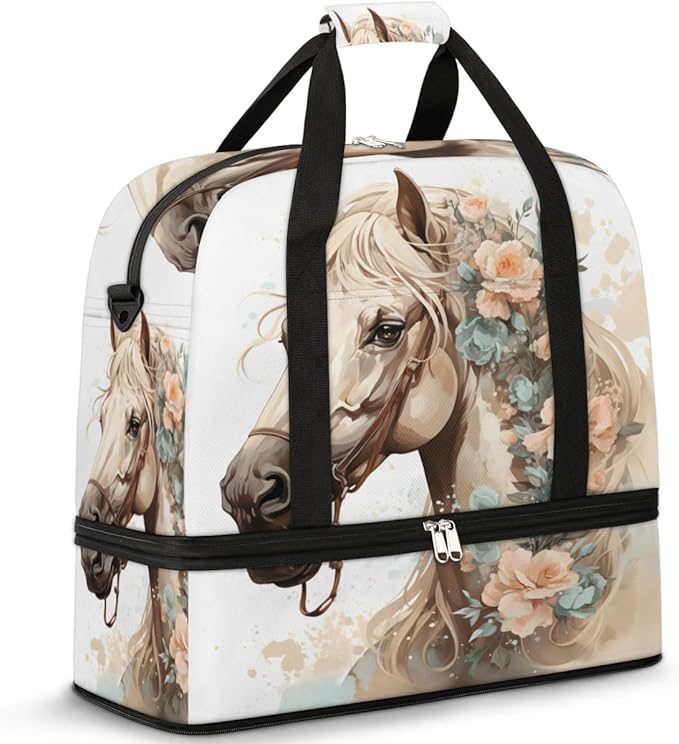 Foldable Travel Duffel Bag, Expandable Weekender Overnight Carry on Bags with Shoe Compartment Sport Tote Gym Luggage for Women Men, Horse