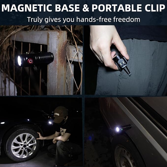 3000 Lumens Small Flashlight Powerful 5 Modes Rechargeable Mini Pocket Flashlights High Lumens with Clip USB Compact Magnetic EDC Flashlight for Emergency, Camping, 2 Pack