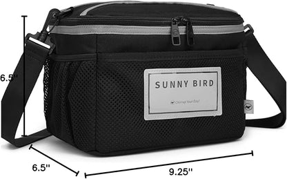 SUNNY BIRD Insulated Lunch Bag with Foldable and Leakproof Design, Thermally Insulated, Shoulder Strap for Women, Men and Teen (Black 002)