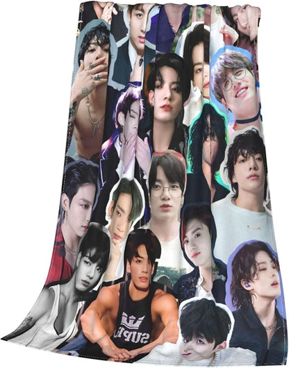 Jungkook Blanket Jeon Jung Kook Soft and Comfortable Warm Fleece Throw Full Picture of Idol Group Blankets 50"X60" Beach Blankets Gift for Dorm Room Decor Sofa Bed Camping Travel