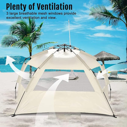 WhiteFang Deluxe Pop Up Beach Tent Sun Shade Shelter for 3-4/5-6 Person, UV Protection, Extendable Floor with 3 Ventilating Windows Plus Carrying Bag, Stakes, and Guy Lines