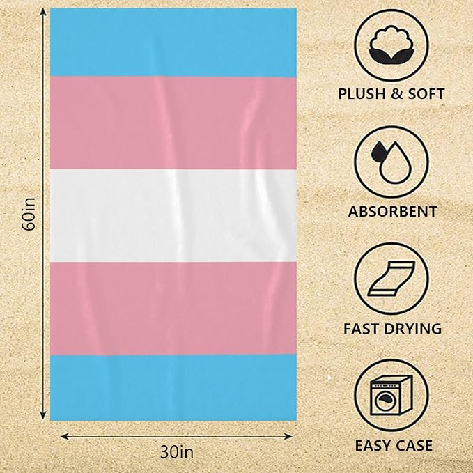Microfiber Beach Towel Transgender Pride LGBT Flag Oversized Large Sand Free & Quick Dry Lightweight Towel for Adults Womens Mens Travel Camping Gym Pool Swim