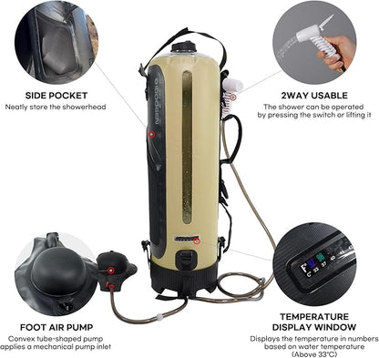 Portable Shower-20L/5.28 Gallons Camping Shower Bag, Beach Shower with Foot Pump, Temperature Display, Detachable Strap - Ideal for Camping, Beach, Travel, Outdoor Activities