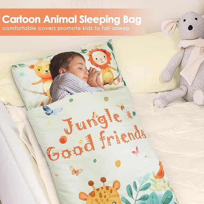Kids Sleeping Bag Toddler Nap Mat with Removable Pillow, Large Foldable Sleeping Bag for Girls Boys, Easy Clean Slumber Bag with Double Zip for Camping School Preschool Daycare, 59×24 inch