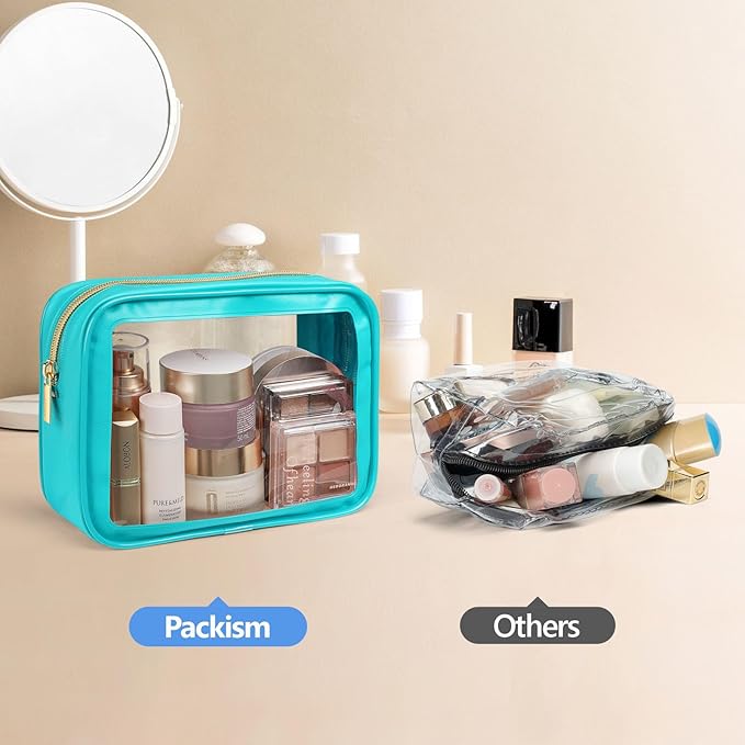 PACKISM TSA Approved Toiletry Bag - 2 Pack Upgrade Color-Edged Clear Makeup Bag, Clear Toiletry Bag For Traveling Fits Various Storage Needs, Turquoise (2 Sizes)