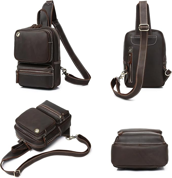 KPYWZER Crazy Horse Genuine Leather Sling Bag for Men Women Shoulder Backpack Satchel Crossbody Chest Casual Outdoor Daypack Deep Brown