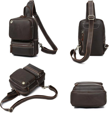 KPYWZER Crazy Horse Genuine Leather Sling Bag for Men Women Shoulder Backpack Satchel Crossbody Chest Casual Outdoor Daypack Deep Brown