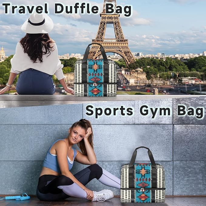 Sports Gym Duffel Bag - Aztec Boho Travel Tote, Waterproof Lightweight Swim Luggage, Weekender Overnight Handbag With Shoes Compartment for Women Men