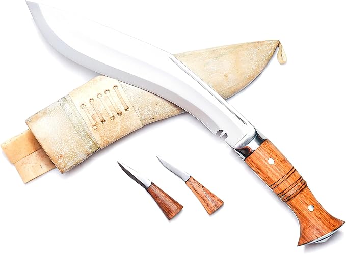 10” Blade Operation Kukri, Panawal Full Tang Gurka Khukri, Double Fuller Sharp Blade Khukuri, Beige Leather Scabbard w/ 2 extra utility knives, Handmade in Nepal Khukri