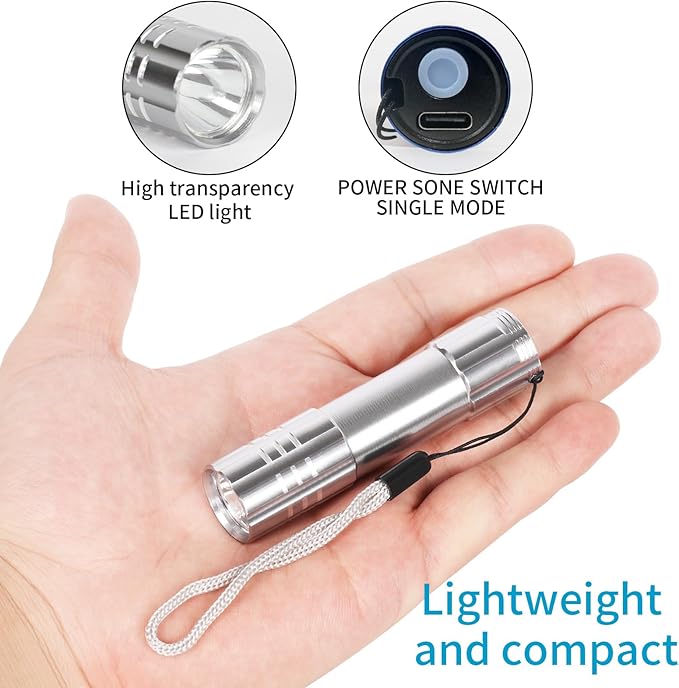 6 Pack LED Aluminum Small Mini USB C Rechargeable Flashlights, Handheld Small Flashlight Bulk for Kids, Portable Camping Bright High Lumens Flashlight Christmas Gifts (Silver)