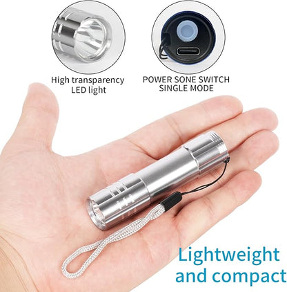 6 Pack LED Aluminum Small Mini USB C Rechargeable Flashlights, Handheld Small Flashlight Bulk for Kids, Portable Camping Bright High Lumens Flashlight Christmas Gifts (Silver)