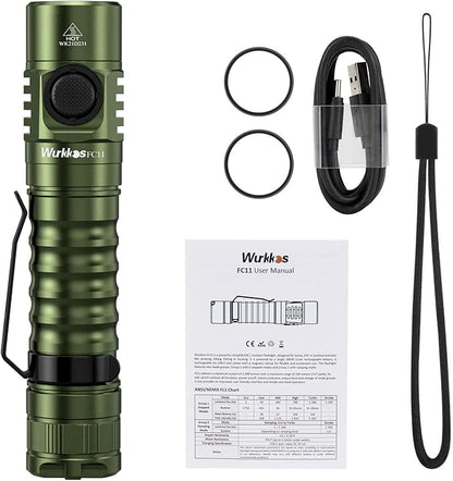 Wurkkos FC11 Rechargeable LED Flashlights Max 1300Lumen High 90CRI EDC Flash Light USB C Charge,IP67 Waterproof Torch, Magnetic Tailcap, Great for Dog Walking Home use Emergency(Green-4000K)