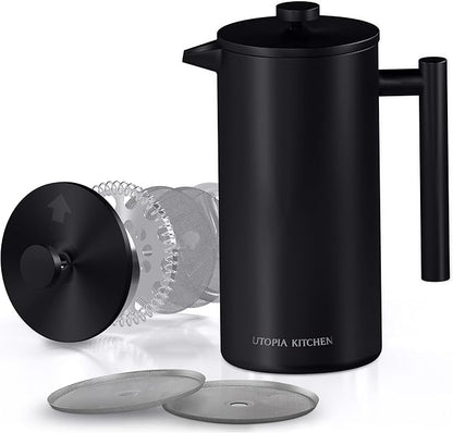 Utopia Kitchen Stainless Steel French Press Coffee Maker 21 Oz, French Press Tea Maker, Cold Brew Portable Travel Coffee Presses, Tea Press Gifts Black