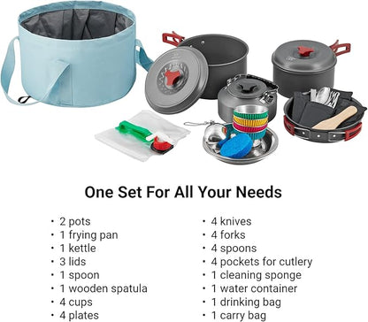 Bulin 24/13/11/8/4 PCS Camping Cookware Mess Kit Lightweight Backpacking Cooking Set Outdoor Cook Gear for Family Hiking, Picnic(Kettle, Pot, Frying Pan, Bowls, Plates, Spoon)