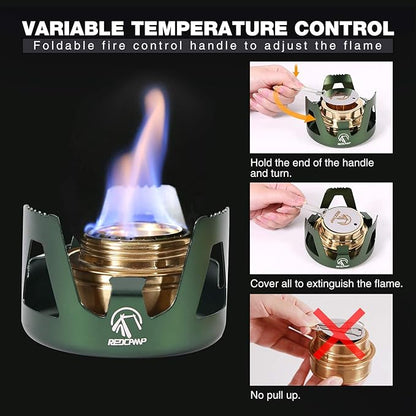 REDCAMP Mini Alcohol Stove for Backpacking, Lightweight Brass Spirit Burner with Aluminium Stand for Camping Hiking, Green