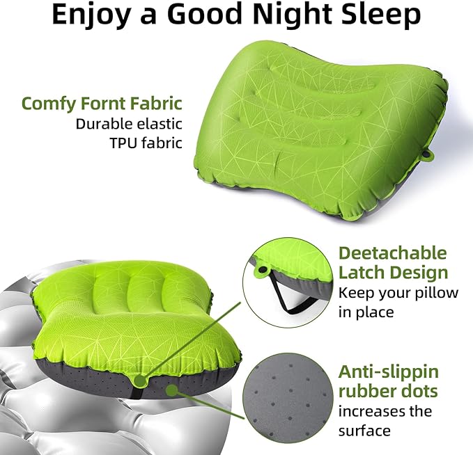 Camping Pillow - Inflatable Pillow - Travel Pillows for Backpacking & Airplane, Lumbar Support 2.0 Blow Up Pillows, Ultralight Compressible, Comfortable, Ergonomic Pillows (Light Green)