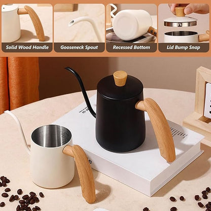 Pour Over Coffee Kettle Gooseneck Tea Pot 304 Stainless Steel Hand Coffee Maker Kettle-Barista Pour Control Design,Wood Handle and Long Narrow Spout Camping Kettle(Color: white,Size:20oz)