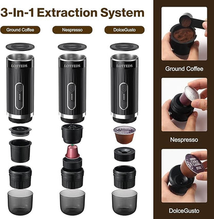 Portable Espresso Machine, Car Coffee Maker Self-Heating with Type-C, Compatible with Ground Coffee & Capsule for Travel, RV, Hiking, Camping, Office