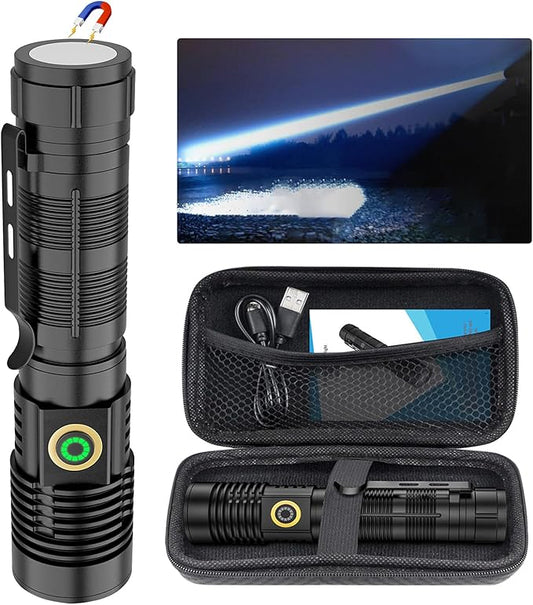 Rechargeable Flashlight High Lumens, 12000 High Lumens Super Bright Magnetic Flash Light, 1500 Meter Long-Range Zoomable LED Flashlights for Emergency, Searching, Waterproof Flashlight Dimmable