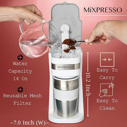 Mixpresso Personal Single Serve Coffee Maker & 14oz Travel Mug, Drip Small Coffee Maker & Tumbler, Auto Shut Off & Reusable Filter, White Coffee Maker Compatible with Coffee Grounds
