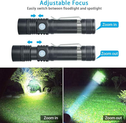 Flashlights USB Rechargeable, Tactical Led Flashlight, 4 Models, Zoomable, Waterproof, High Lumens Flashlight with Clip for Camping, Hiking and Outdoor