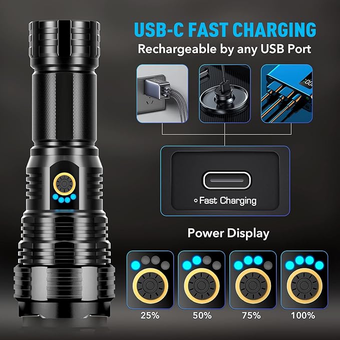 Rechargeable Flashlights 990000 High Lumens, High Power Led Flashlight, XHP70.2 Powerful Tactical Flashlight with Zoomable, 5 Modes, IPX7 Waterproof, Flashlight for Camping, Hiking, Emergencies