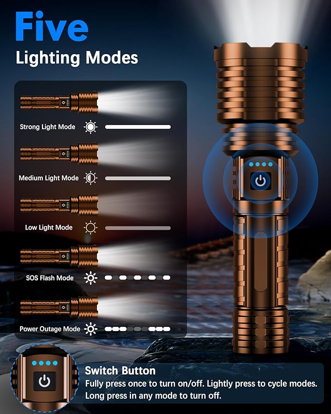 Super Bright Rechargeable LED Flashlights, True 2500000 High Lumens, Powerful Tactical Flashlight Up to 25H Long Battery Life |Zoomable|5Light Modes|IP67 Water Resistant for Camping (Brown)