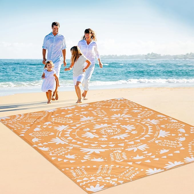 110''×118'' Extra Large Sandproof Beach Blanket 4-8 Adults, Waterproof Foldable Picnic Blankets with 4 Stakes & 4 Pockets, Lightweight Boho Outdoor Beach Mat for Travel, Camping, Hiking