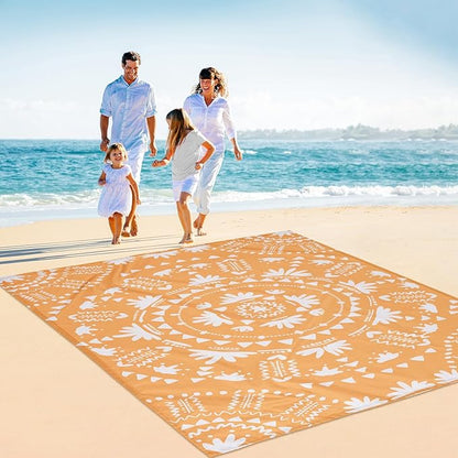 110''×118'' Extra Large Sandproof Beach Blanket 4-8 Adults, Waterproof Foldable Picnic Blankets with 4 Stakes & 4 Pockets, Lightweight Boho Outdoor Beach Mat for Travel, Camping, Hiking