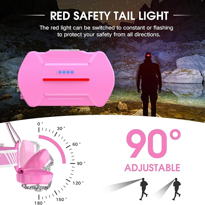 Rechargeable Headlamp,20000 High Lumen Bright 5 LED Head Lamp with Red White Light,IPX4 Waterproof Headlight,8 Mode Head Flashlight for Outdoor Running Hunting Fishing Hiking Camping Gear-Pink