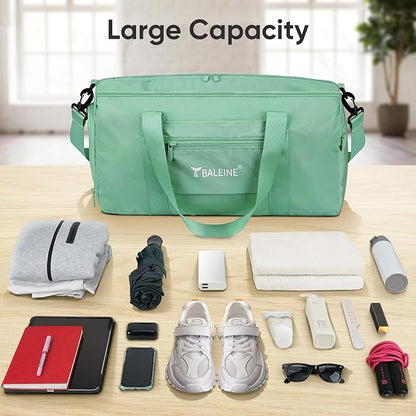 BALEINE Gym Bag for Women and Men, Small Duffel Bag for Sports, Gyms and Weekend Getaway, Waterproof Dufflebag with Shoe and Wet Clothes Compartments, Lightweight Carryon Gymbag (Green)