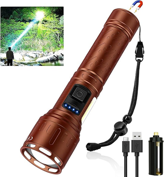 Rechargeable Magnetic Flashlights 100,000 High Lumens, Super Bright LED Powerful Flashlight 8 Modes with COB Work Light, Waterproof Handheld Flash Light for Camping (1 Pack with Paper Box, Brown)