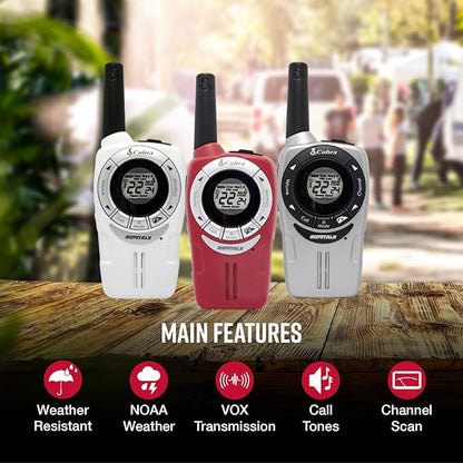 Cobra ACXT360 Water Resistant Walkie Talkies for Adults & Compatible Cobra Surveillance Headset: Rechargeable, 22 Channels, Long-Range, 3 Two-Way Radios, 2 Headsets, White, Silver and Red