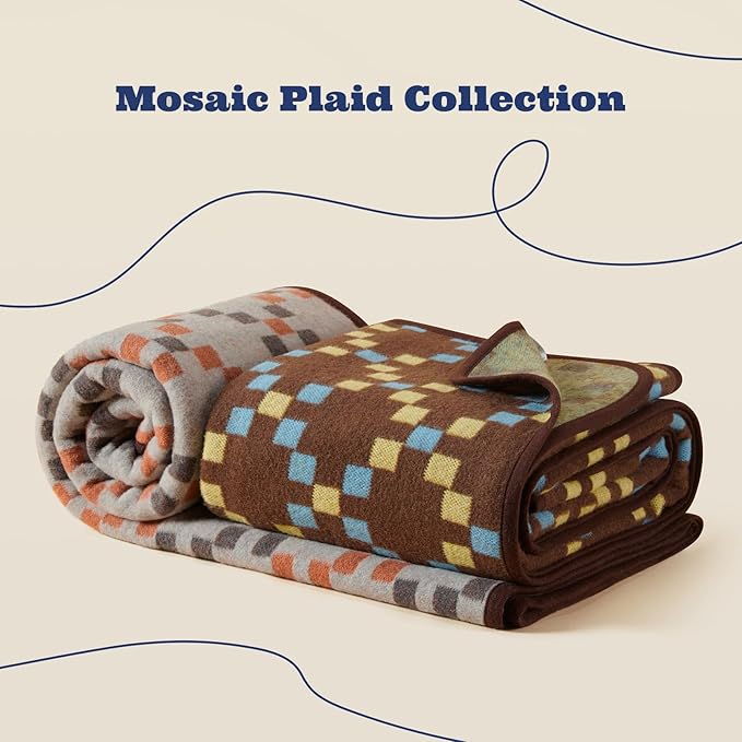 ACUSHLA Merino Wool Blanket - Soft Warm Thick Washable Large Throw Blanket for Camping Bed Couch Outdoor Travel All Weather, Mosaic Plaid 79X63