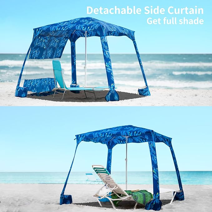 AMMSUN Beach Cabana, 6.2'×6.2' Beach Canopy, Easy Set up and Take Down, Cabana Tent with Sand Pockets, Instant Sun Shade with Side Wall, Blue Paint