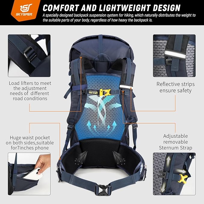 SKYSPER Hiking Backpack - 50L Roll Top Backpacking Backpack Lightweight Comfortable Breathable Camping Travel Pack for Men Women(Blue)