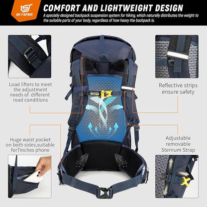 SKYSPER Hiking Backpack - 50L Roll Top Backpacking Backpack Lightweight Comfortable Breathable Camping Travel Pack for Men Women(Blue)