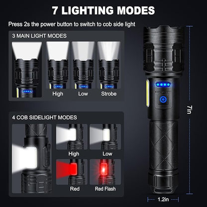 Rechargeable LED Flashlights High Lumens 2 Pack, 900000 Lumen Super Bright Flashlight with USB Cable, 7 Modes Powerful Flashlight Waterproof Flash Light for Home Emergencies Camping