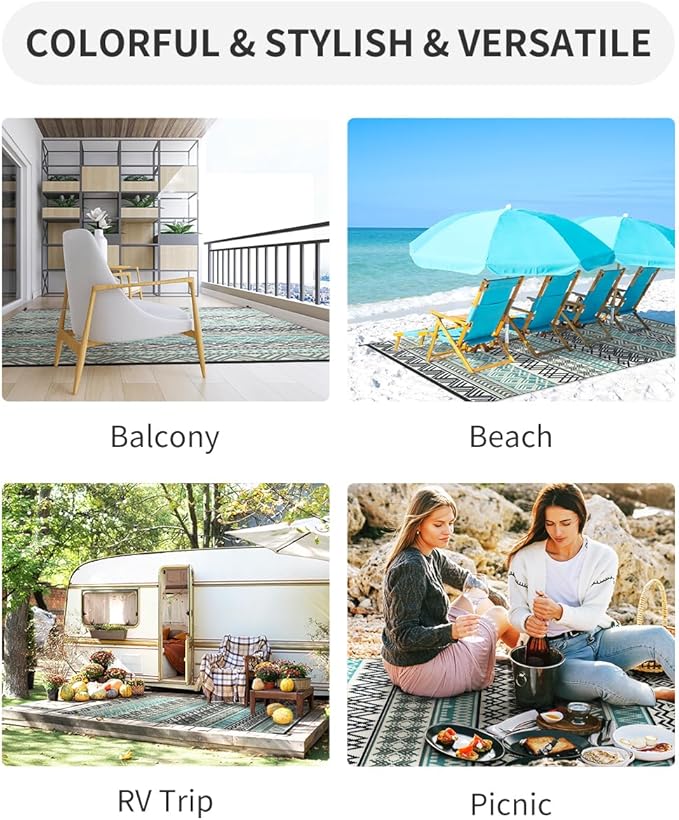 MontVoo Outdoor Rug Carpet 8x10 Waterproof-Patio Rug Mat Reversible RV Camping Rug Picnic Mat Plastic Straw Outside Rug for Balcony Porch Deck Beach-Boho Outdoor Area Rug for Patio Decor Colorful