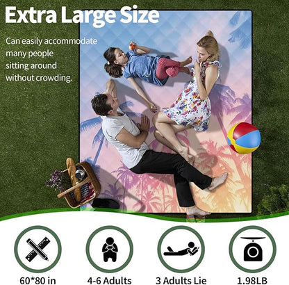 Picnic Blankets Beach Blanket 60"x80" Waterproof Sandproof Extra Large Outdoor Mat for Grass Camping Essentials Travel Accessories Vacation Gear Must Haves Gifts for Women Couple Family