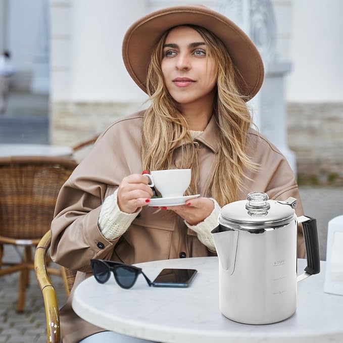 Camping Coffee Pot Stainless Steel, Coffee Pot Outdoors, Durable Stove Top Coffee Maker, Brew Coffee on Fire, Ideal for Group Camping, Hiking, Backpacking, RV and Travel, 9 Cups