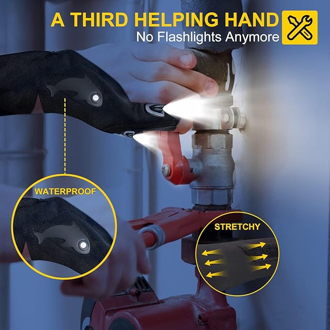 LED Rechargeable Flashlight Gloves, Gifts for Men, Father's Day Gifts for Dad, Cool Stretchy Fingerless Light Gloves Gadget for Repairing Fishing Camping and Car Repairing, 1 Pair