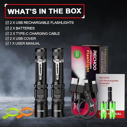 Rechargeable Flashlights 2 Pack, RECHOO High Lumens LED Tactical Flashlight with Double Switch, Small Bright Flash Lights with 5 Modes, Zoomable, IP65 Waterproof for Camping, Hiking, Emergencies