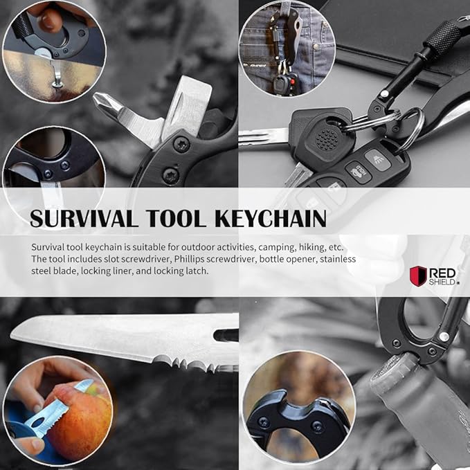 5-in-1 Survival Tool Keychain. Multitool Includes Slotted & Phillips Screwdriver, Bottle Opener, Blade Carabiner Aluminum Frame, Stainless Steel Locking Liner & Latch. Hang Keys.