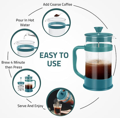 Utopia Kitchen French Press Espresso and Tea Maker with Triple Filters, Stainless Steel Plunger and Heat Resistant Borosilicate Glass (Aqua, 34-oz (Pack of 1))